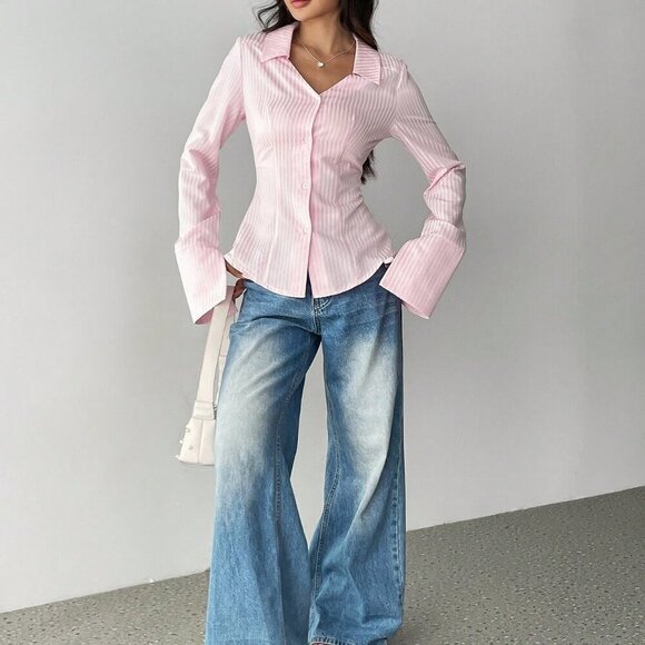 Pink Casual Women's Striped Print Front Button Long Sleeve Shirt - Picture 5 of 6